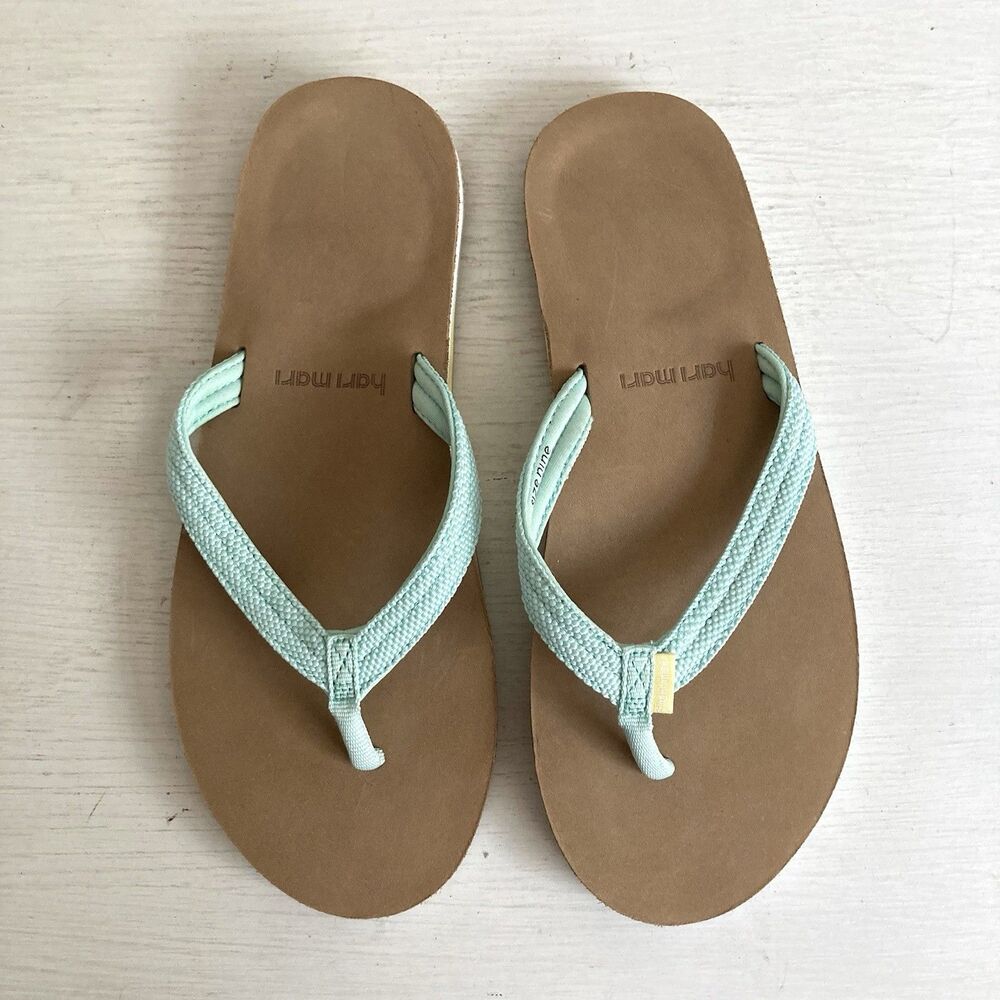 Hari Mari Leather Tan Mint Blue Flip Flops Womens Size 9 Beach Summer Travel